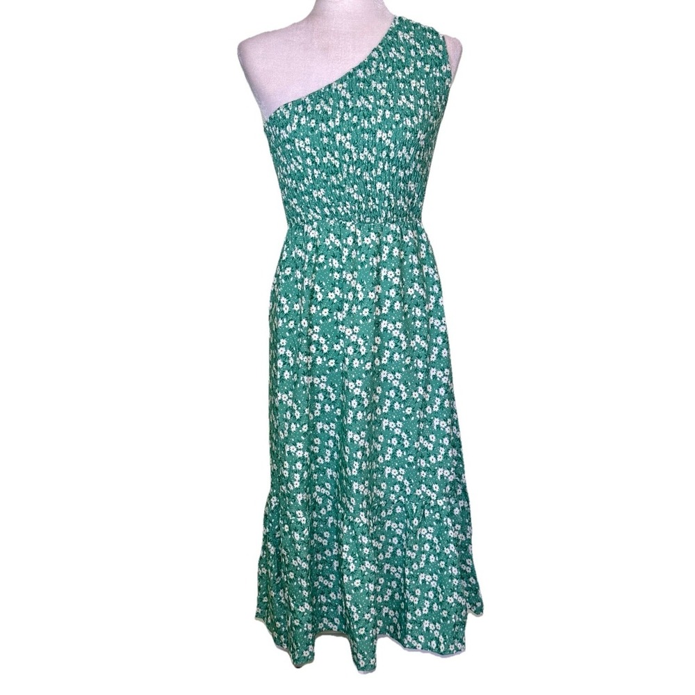Women's Picniccore Green Floral One Shoulder Smocked Midi Dress Bloomcore Sz Sm‎